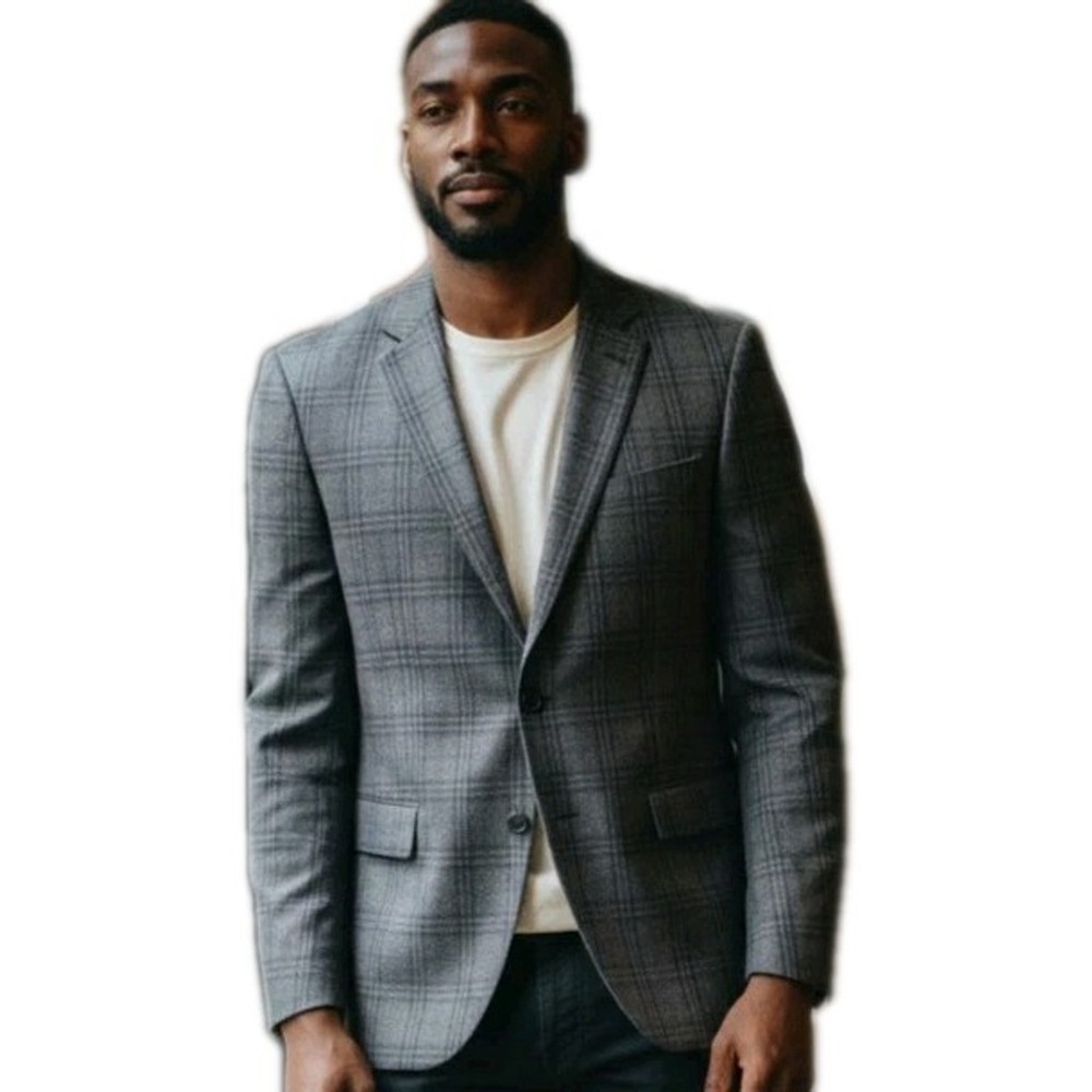 John Varvatos Star USA 2-Button Peak Lapel Plaid Gray Double-vented Size 38R Men
